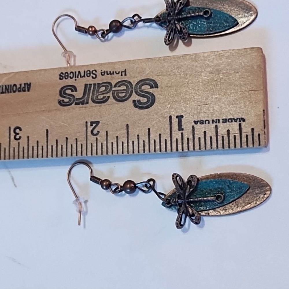 New Dragonfly Dangle Earrings in Copper and Teal - Picture 2 of 4